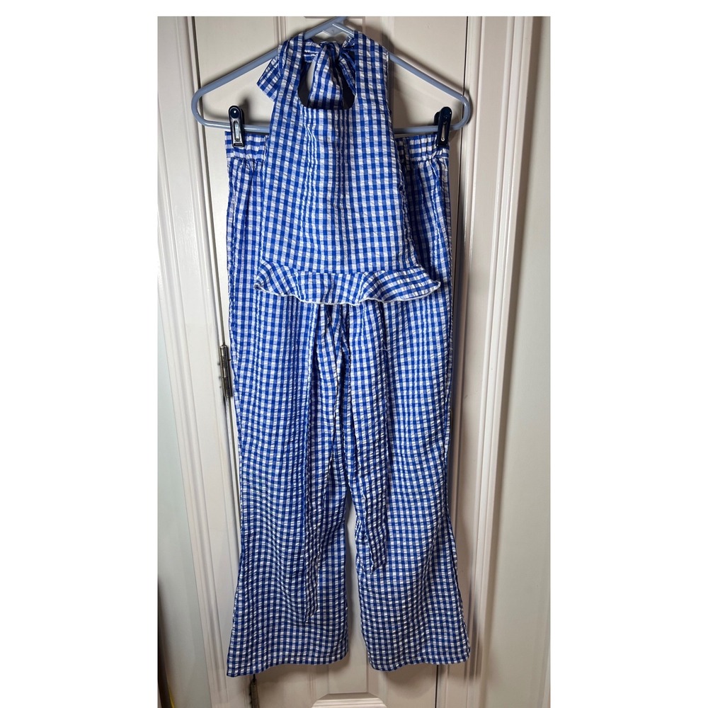 Blue Gingham 2 Piece Set Halter Ruffle Crop Top and Wide Leg Pants Small